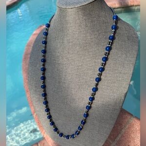 34” Blue Stone and Hematite Beaded Necklace – Long Statement Necklace